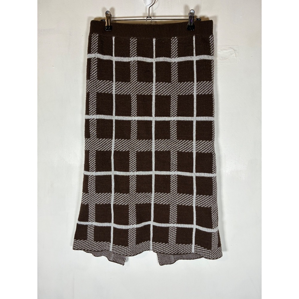 SHEIN XL Brown Plaid Knit Midi Skirt Elastic Waist Academia Preppy